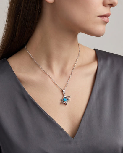 Silver Cosmic Four-Point Star Planet Ring Pendant Necklace