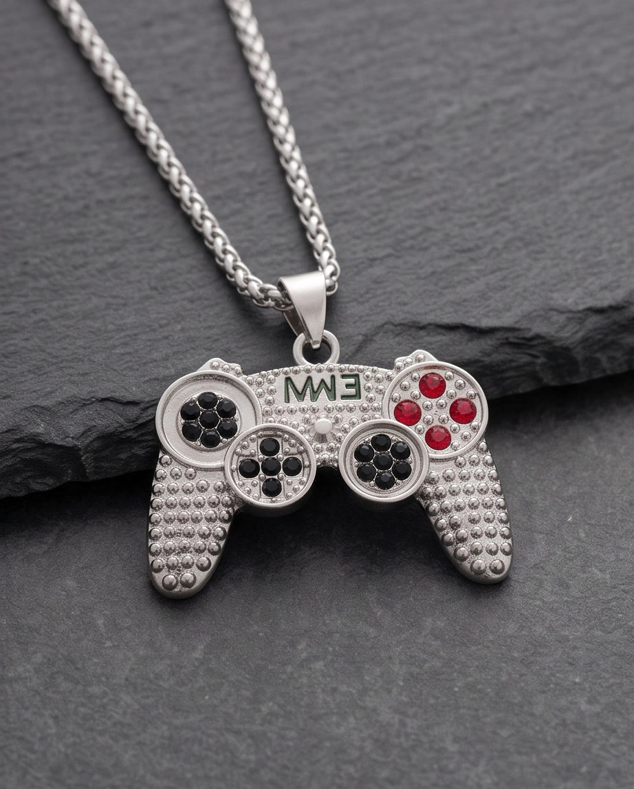 Silver Rhinestone Gamepad Controller Pendant Necklace