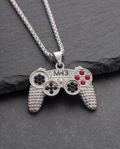 Silver Rhinestone Gamepad Controller Pendant Necklace