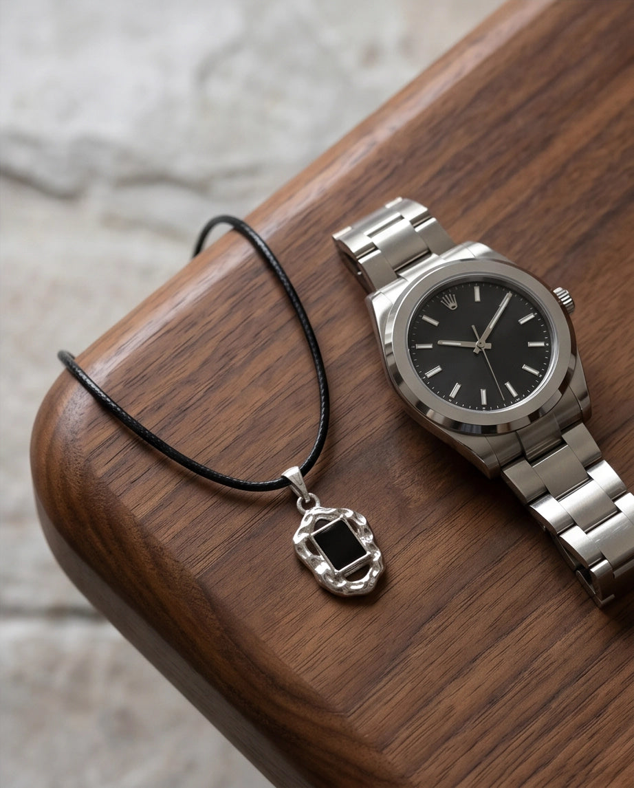 Liquid Metal Rectangular Black Gemstone Necklace