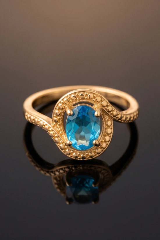 Luxury 14K Gold Oval Swiss Blue Topaz Swirl Halo Ring