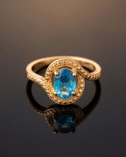 Luxury Gold Oval Swiss Blue Topaz Swirl Halo Ring