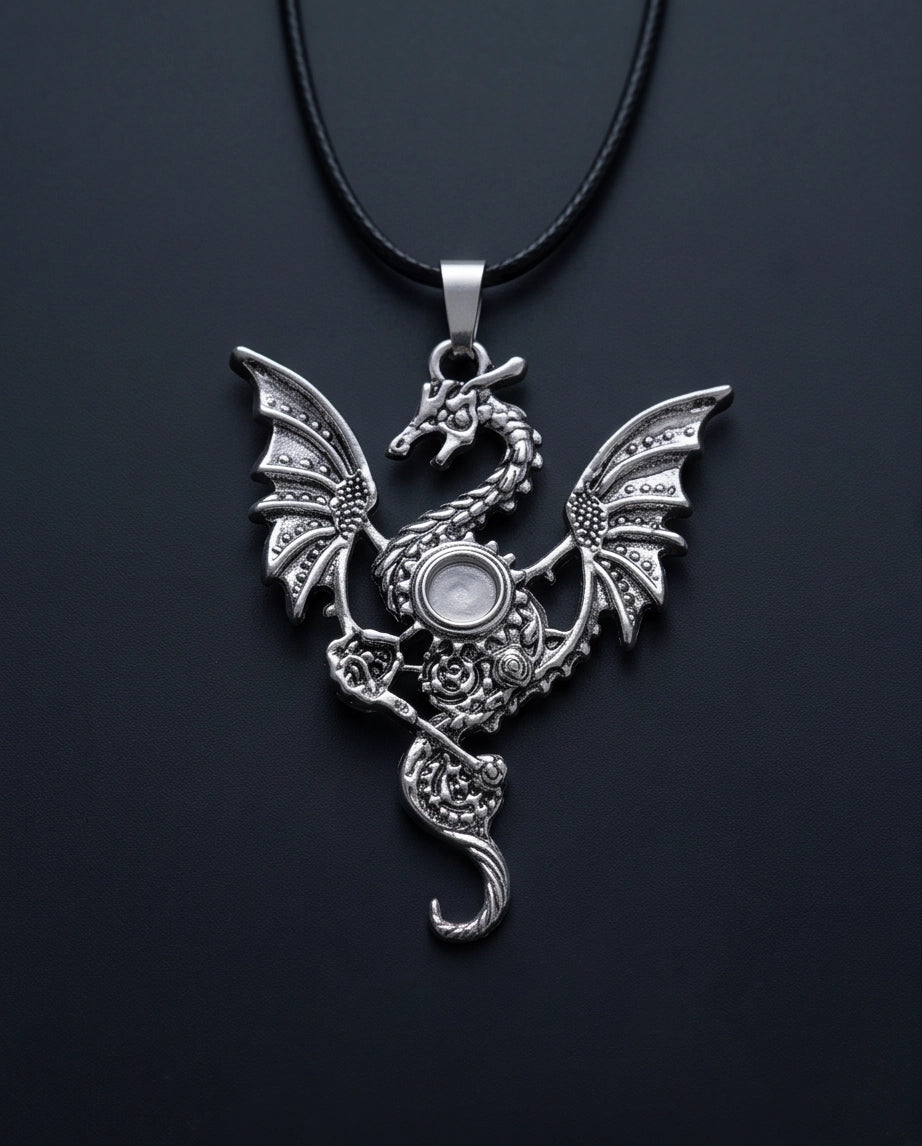 Silver Steampunk Dragon Gear Pendant Necklace