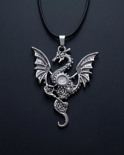 Silver Steampunk Dragon Gear Pendant Necklace
