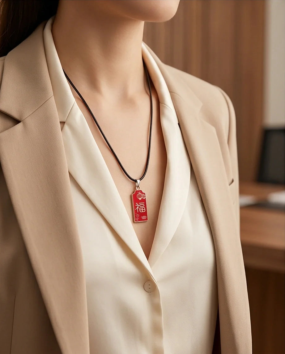 Traditional Red Rectangular "Fu" Blessings Pendant Necklace