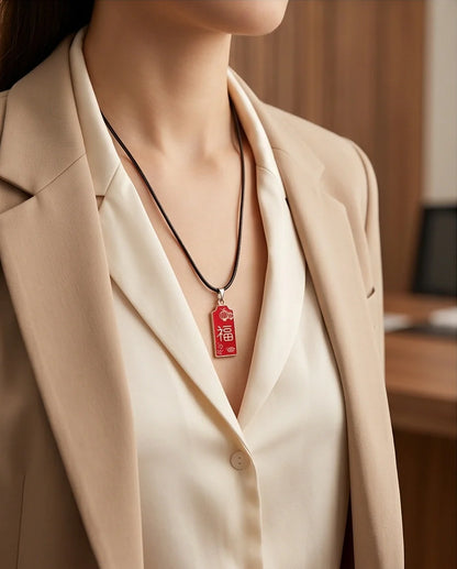 Traditional Red Rectangular "Fu" Blessings Pendant Necklace