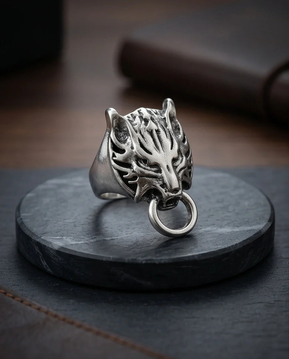 Vintage Silver Oxidized Viking Wolf Door Knocker Ring