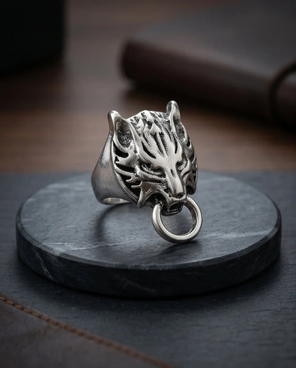 Vintage Silver Oxidized Viking Wolf Door Knocker Ring