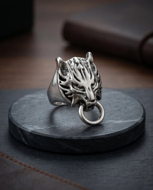 Vintage Silver Oxidized Viking Wolf Door Knocker Ring
