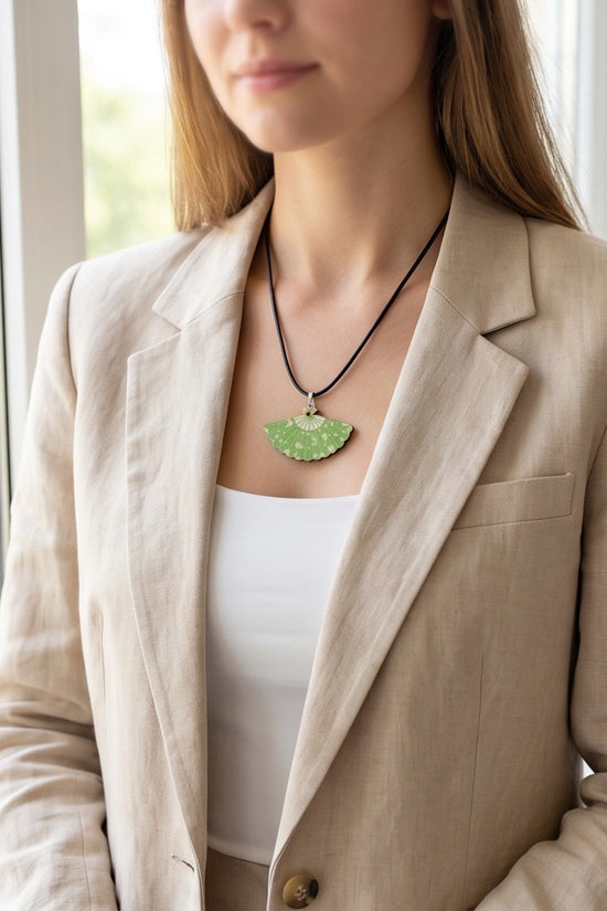 Vintage Green Matcha Floral Hand-Fan Pendant Necklace