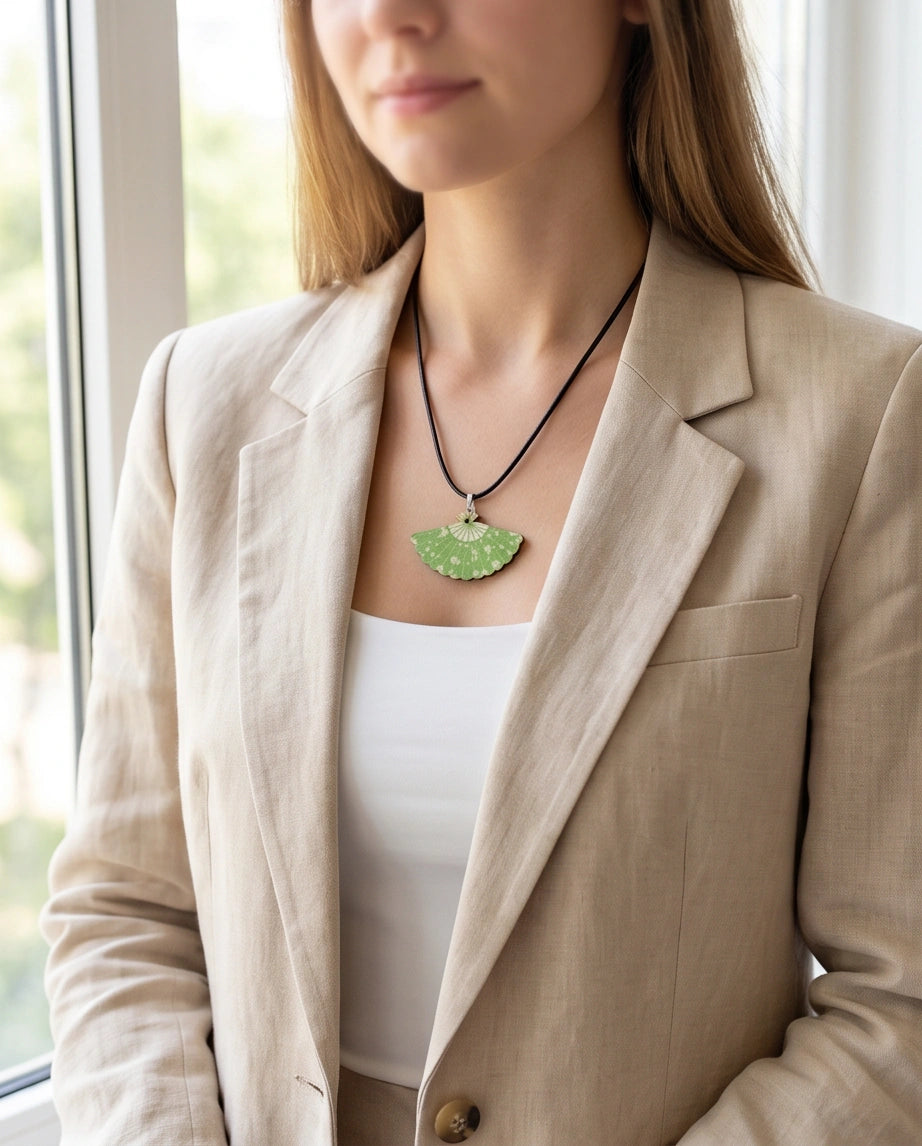 Vintage Green Matcha Floral Hand-Fan Pendant Necklace