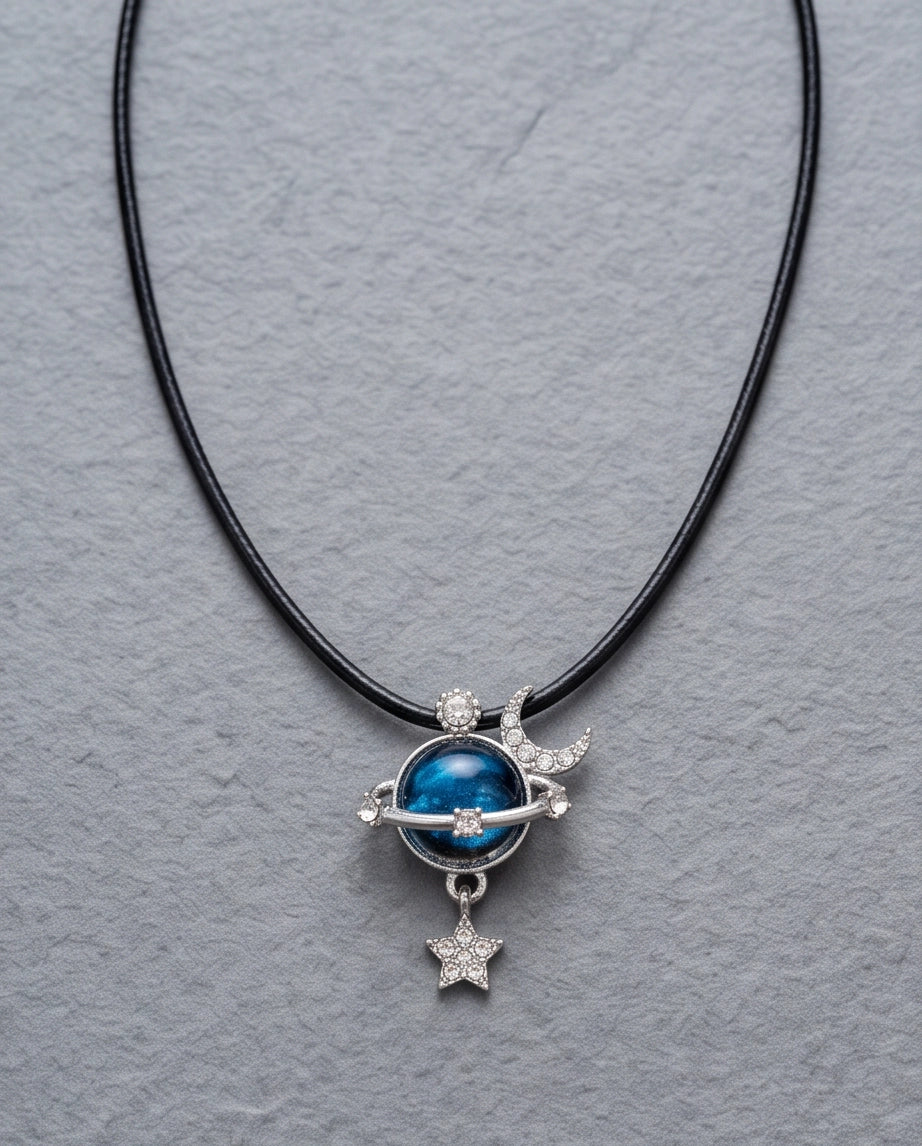 Silver Cosmic Planet Crescent Moon & Star Dangle Pendant Necklace