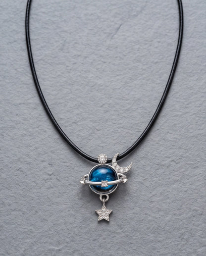 Silver Cosmic Planet Crescent Moon & Star Dangle Pendant Necklace