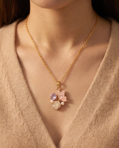 Gold Pink Enamel Butterfly & Pearl Rose Cluster Pendant Necklace