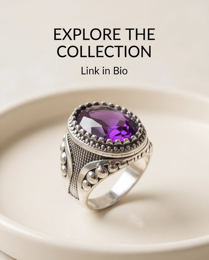Amethyst Gemstone Beaded Bezel Filigree Silver Ring
