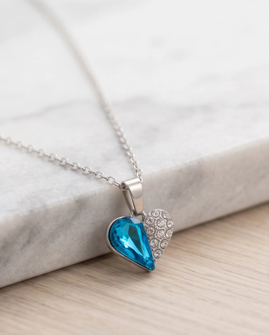 Silver Aquamarine Heart Pavé Pendant Necklace