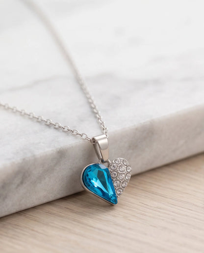 Silver Aquamarine Heart Pavé Pendant Necklace