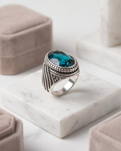 Aquamarine Gemstone Beaded Frame Wave Silver Ring