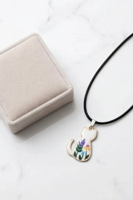 Artistic Floral Botanical Feline Silhouette Pendant Necklace