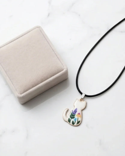 Artistic Floral Botanical Feline Silhouette Pendant Necklace