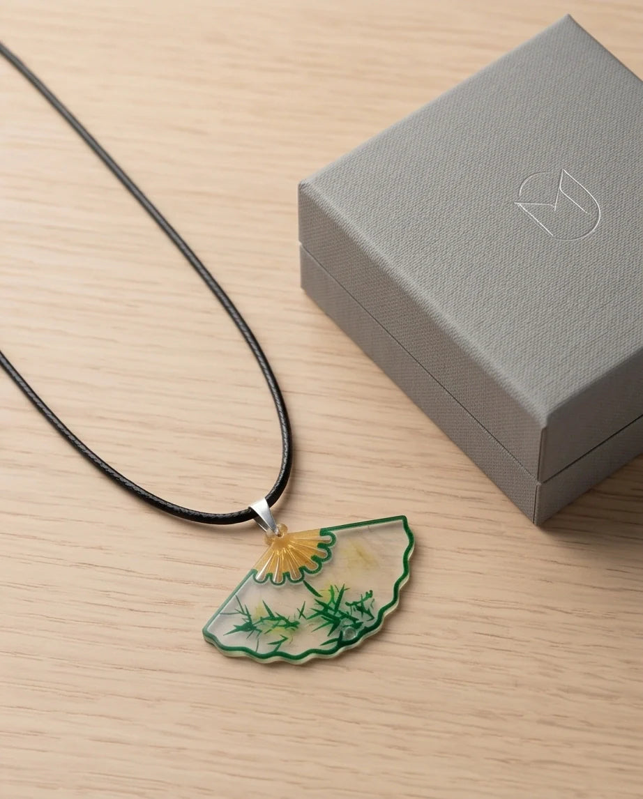 Artistic Green Bamboo Fan Pendant Necklace