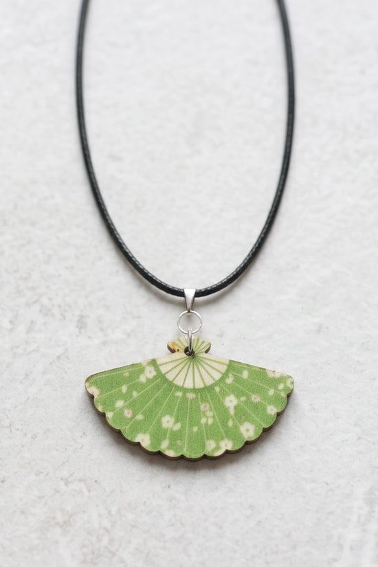 Vintage Green Matcha Floral Hand-Fan Pendant Necklace