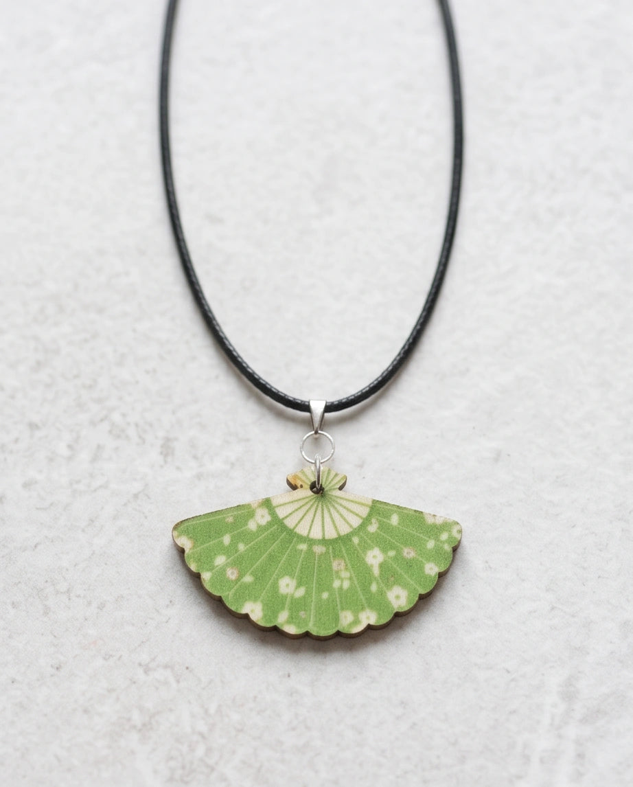 Vintage Green Matcha Floral Hand-Fan Pendant Necklace