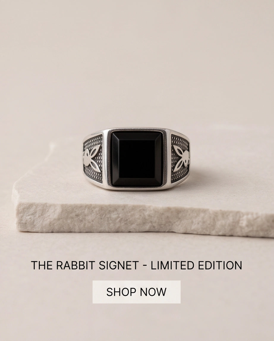 Pyramid Cut Onyx-Style Bunny Motif Stippled Silver Ring