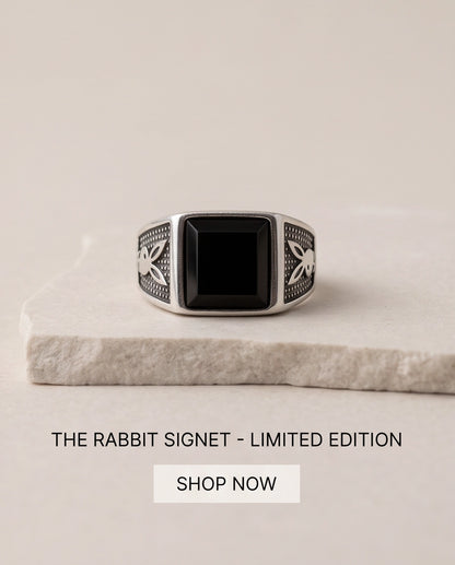 Pyramid Cut Onyx-Style Bunny Motif Stippled Silver Ring