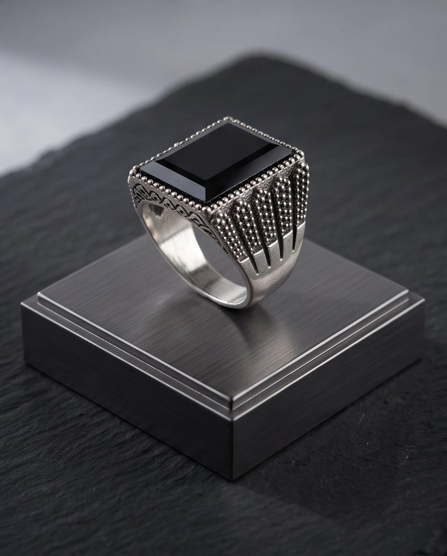 Onyx Gemstone Beaded Frame Emerald-Cut Fluted Stippled Silver Ring