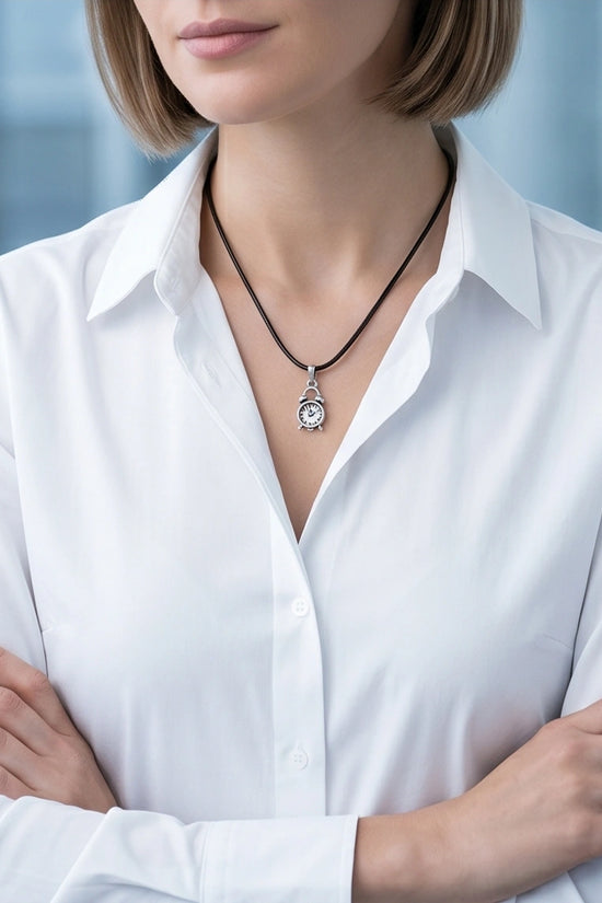 Silver Retro Alarm Clock Pendant Necklace