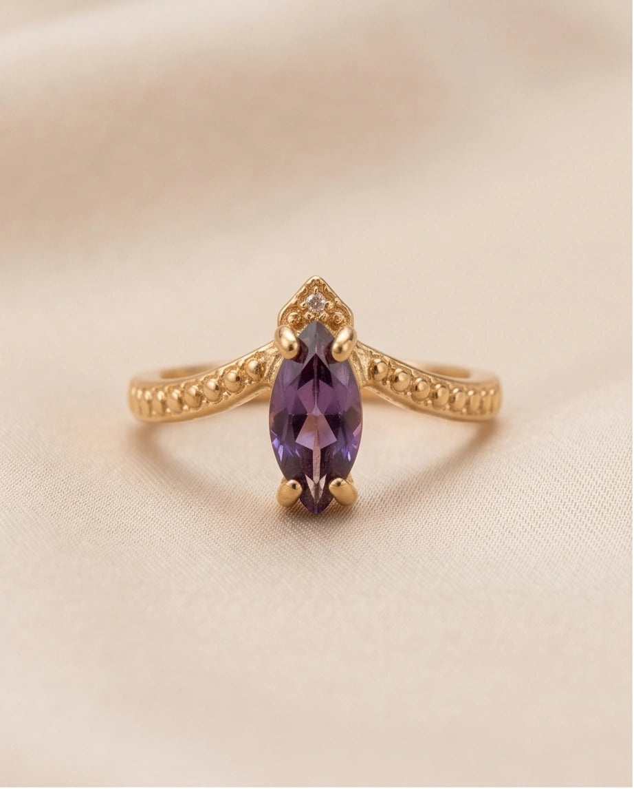 "Amethyst Aura" – Marquise Cut Gold Ring