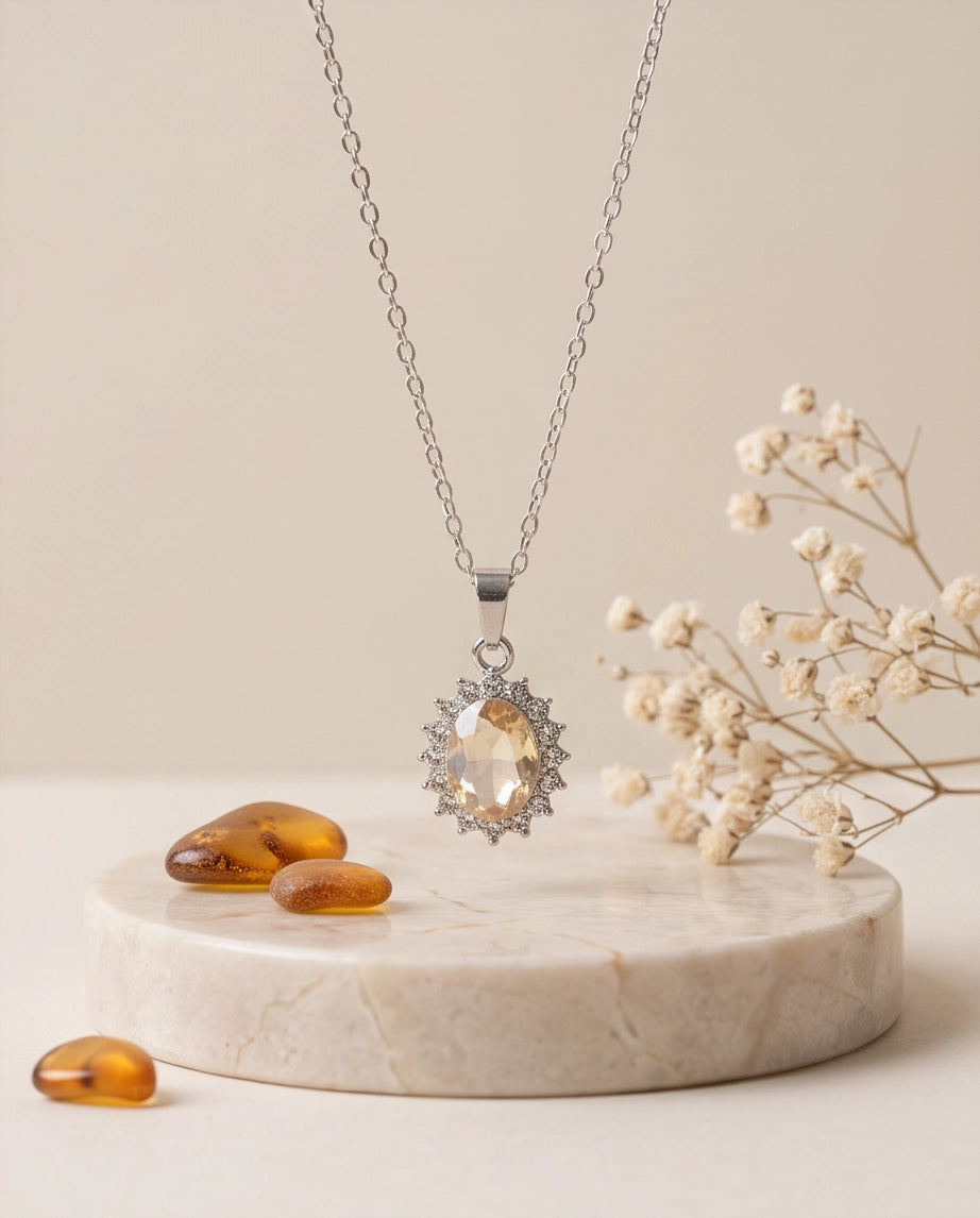 Silver Citrine Yellow Oval Halo Medallion Pendant Necklace