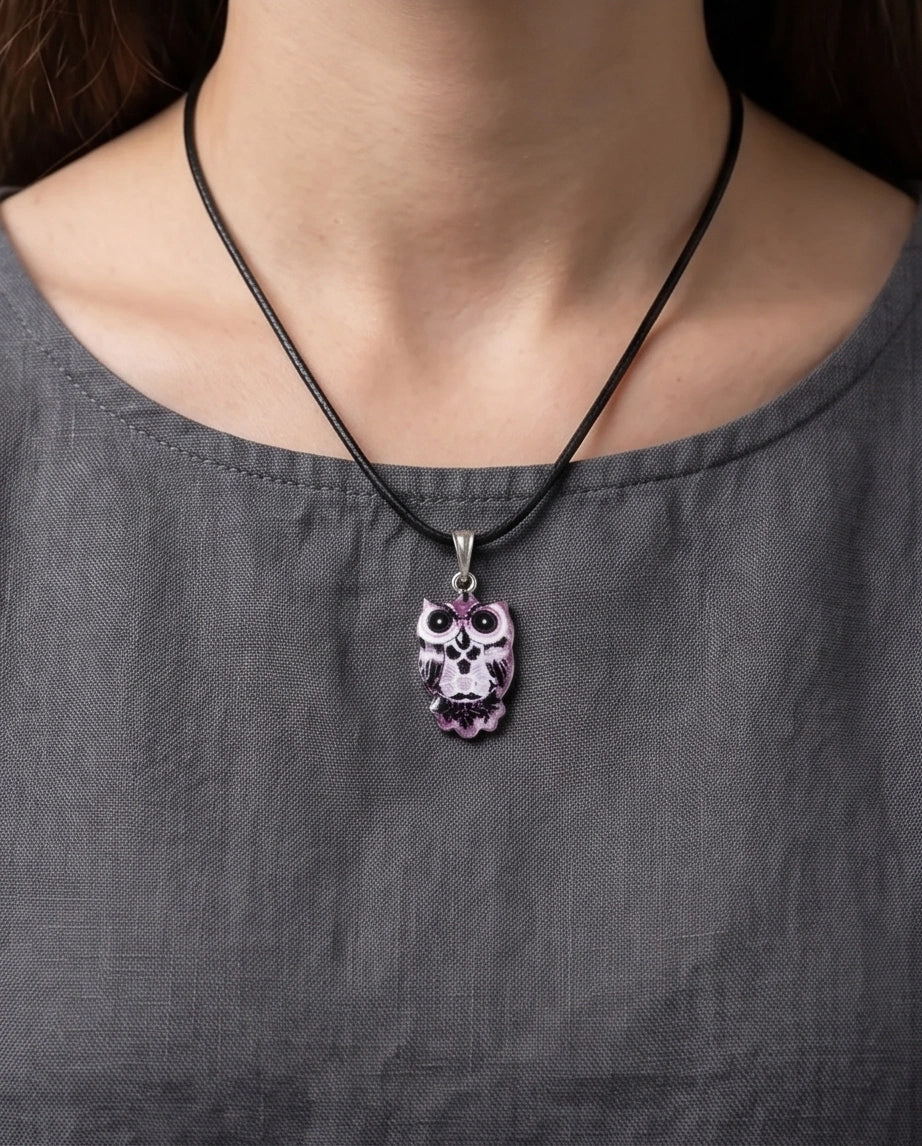 Mystical Purple Watercolor Owl Totem Pendant Necklace