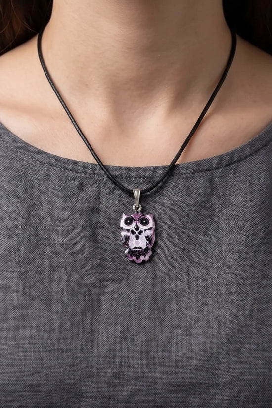 Mystical Purple Watercolor Owl Totem Pendant Necklace