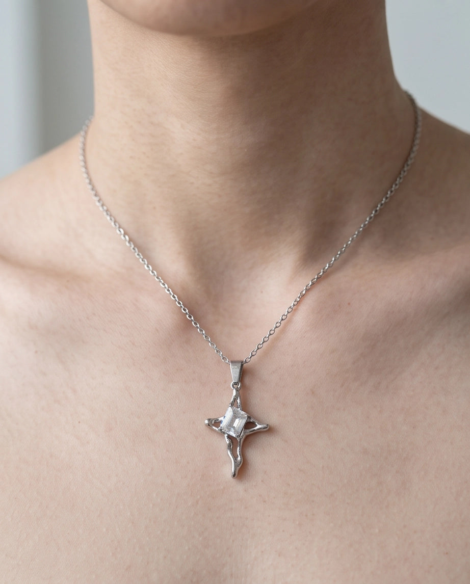 Silver Clear Gemstone Gothic Cross Pendant Necklace