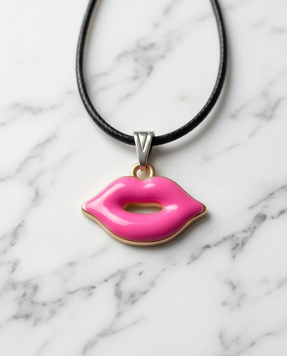 Gold and Pink Lips Pendant Necklace