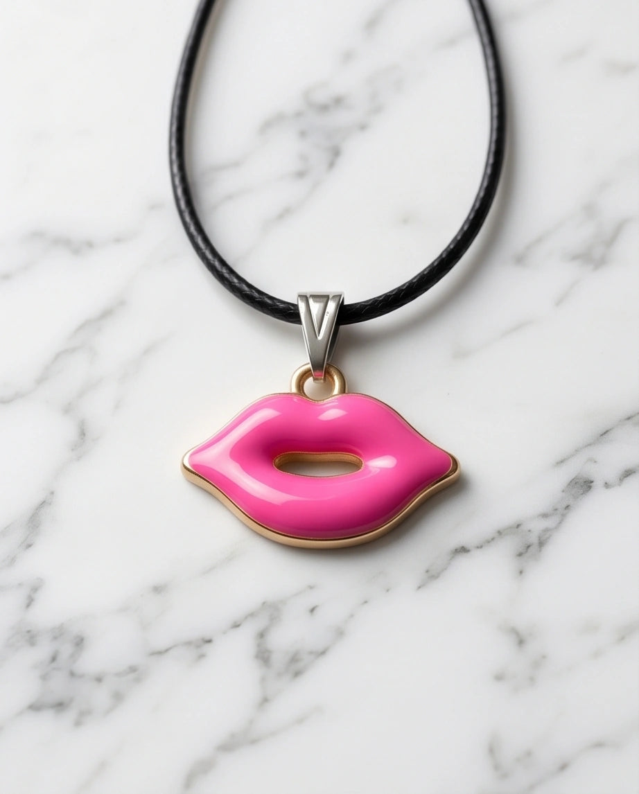 Gold and Pink Lips Pendant Necklace