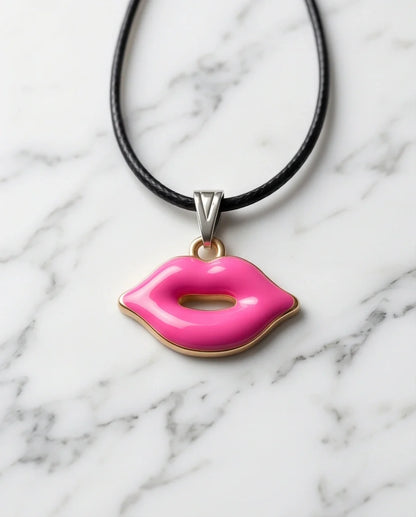 Gold and Pink Lips Pendant Necklace
