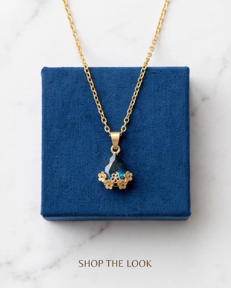 Gold Sapphire Teardrop Floral Basket Pendant Necklace