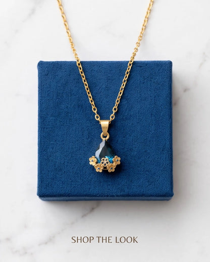 Gold Sapphire Teardrop Floral Basket Pendant Necklace