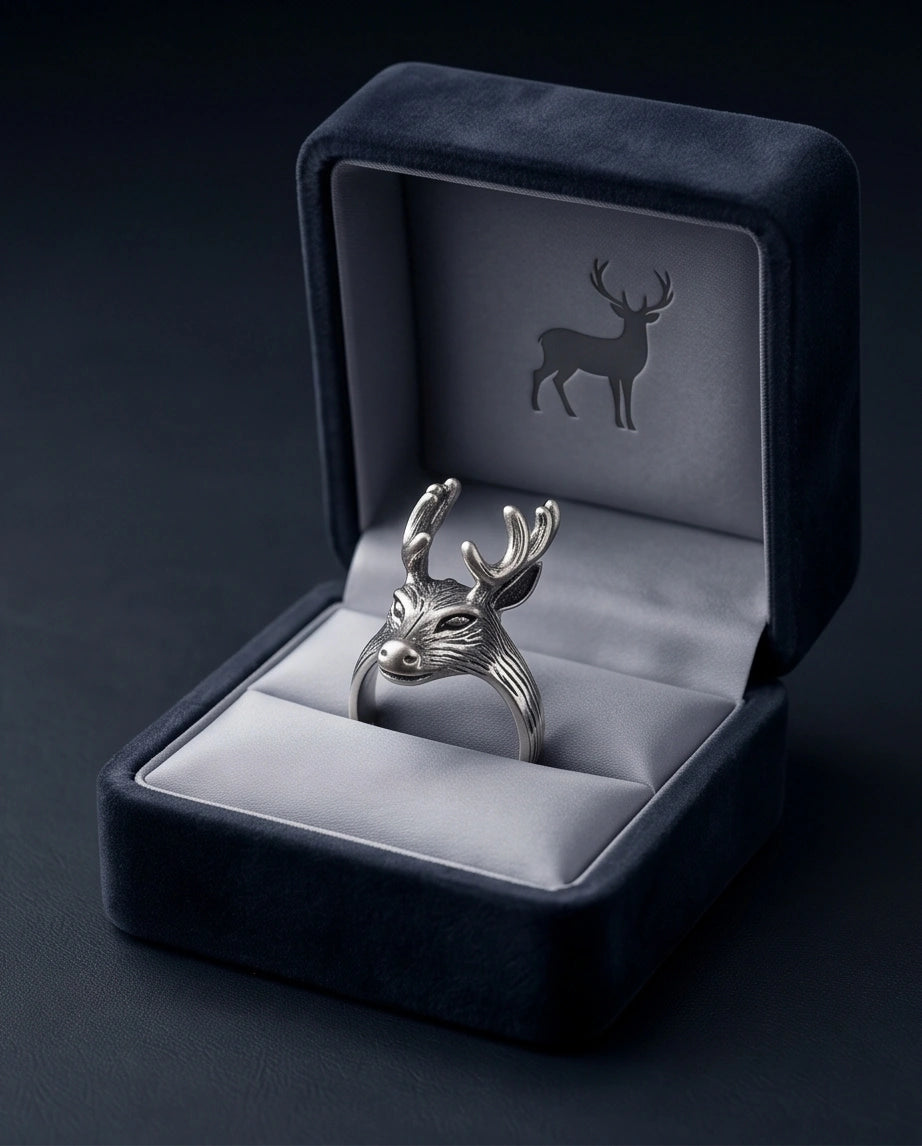 Vintage Silver Oxidized Stag Deer Antler Statement Ring