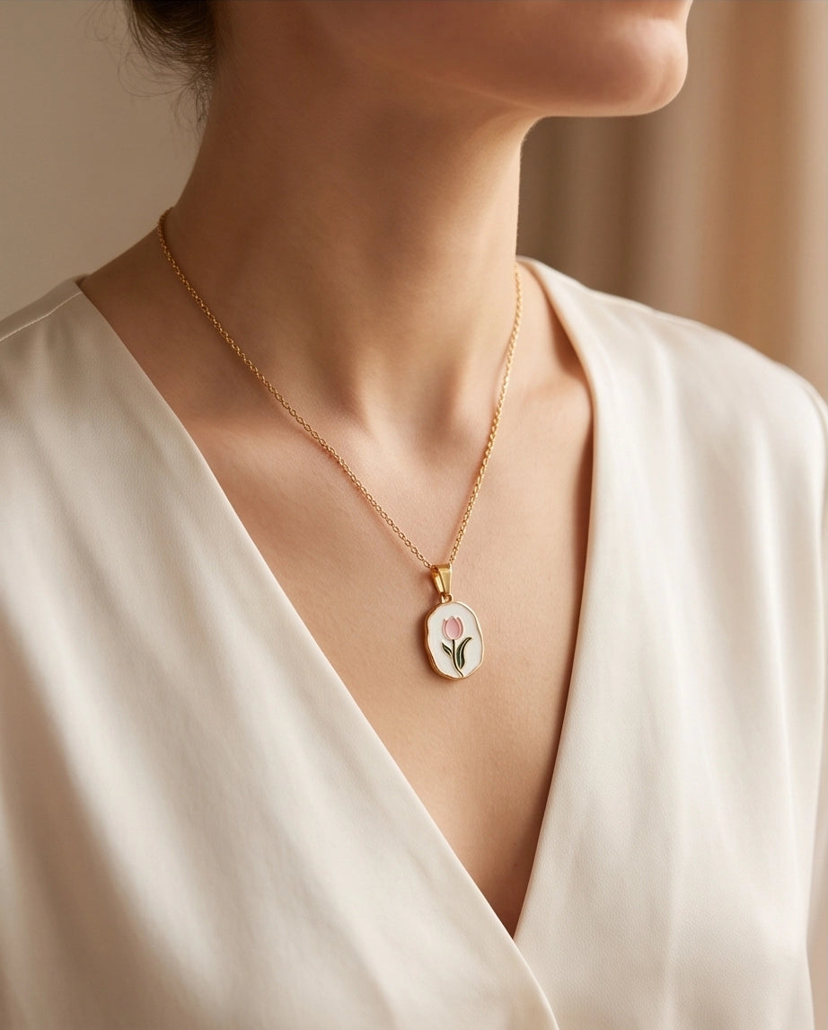 Gold Pink Tulip Enamel Medallion Chain Necklace