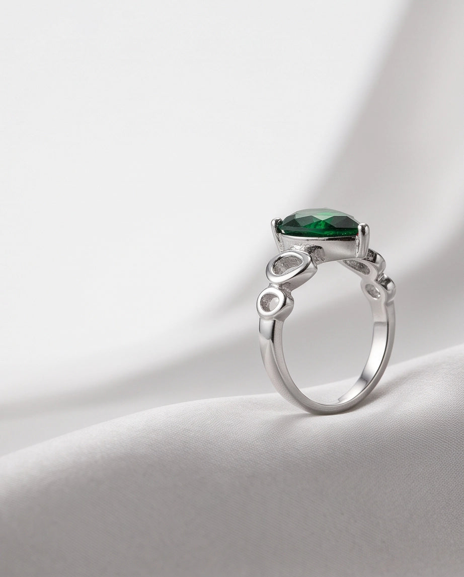 Emerald Gemstone Prong-Set Teardrop Loop Silver Ring