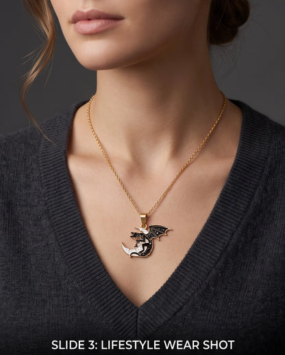 Gold Celestial Dragon White Crescent Moon Enamel Pendant Necklace