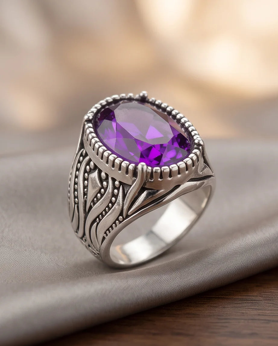 Violet Gemstone Beaded Frame Filigree Silver Ring