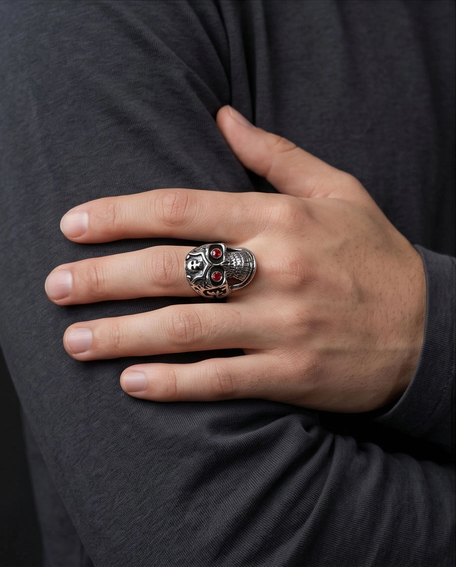 Ruby-Eyed Crested Filigree Skull Ring