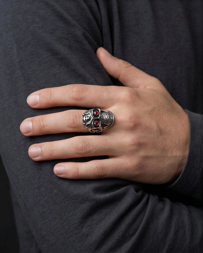 Ruby-Eyed Crested Filigree Skull Ring