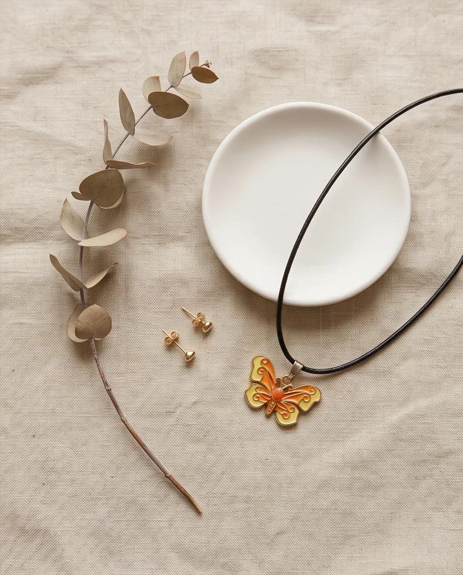 Orange & Yellow Enamel Butterfly Pendant Necklace