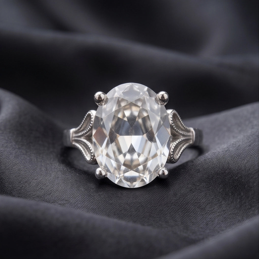 Silver Oval Clear Quartz Vintage Solitaire Ring
